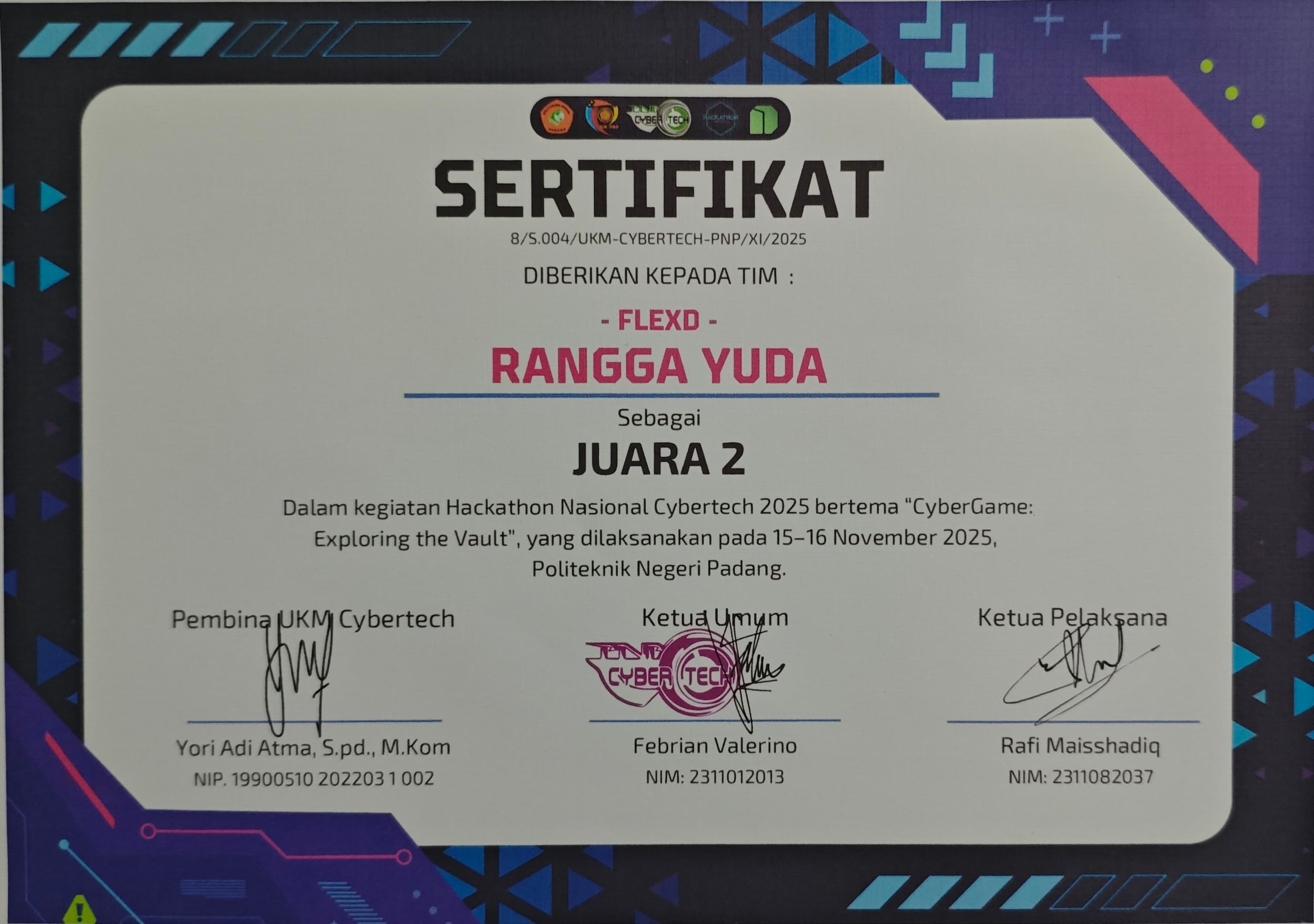 2nd Place — Hackathon Cybertech, Politeknik Negeri Padang certificate