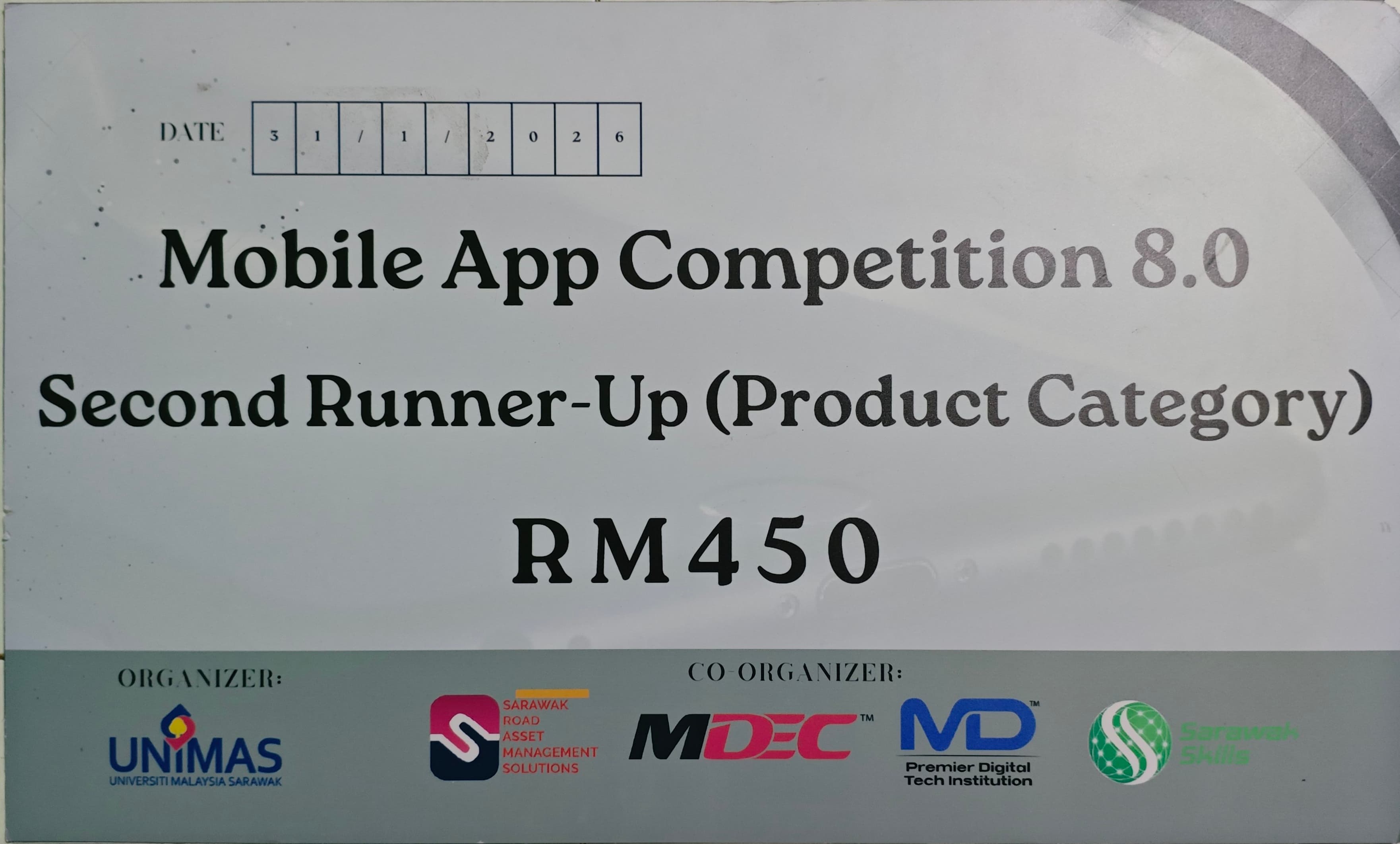 2nd Runner-up (Product Category) — Mobile App Competition 8.0, UNIMAS Sarawak certificate